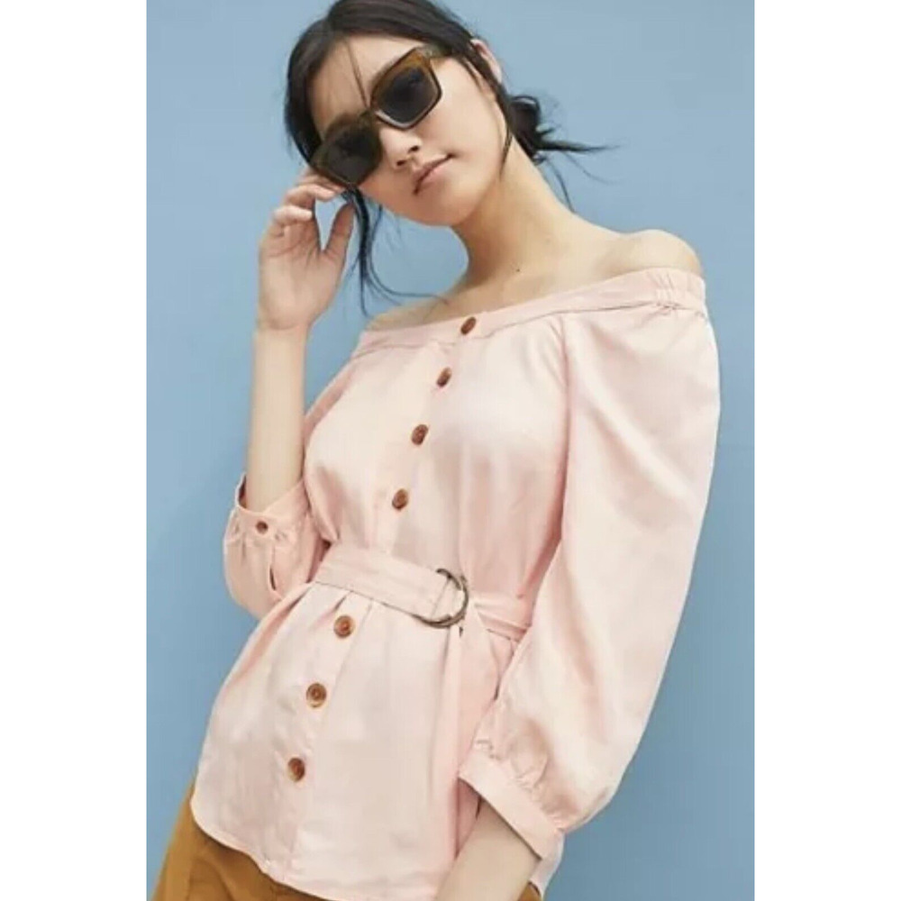 NWT Anthropologie Maeve Alanis Belted Button Top Shirt Blouse Women's Size 4 - Picture 1 of 16